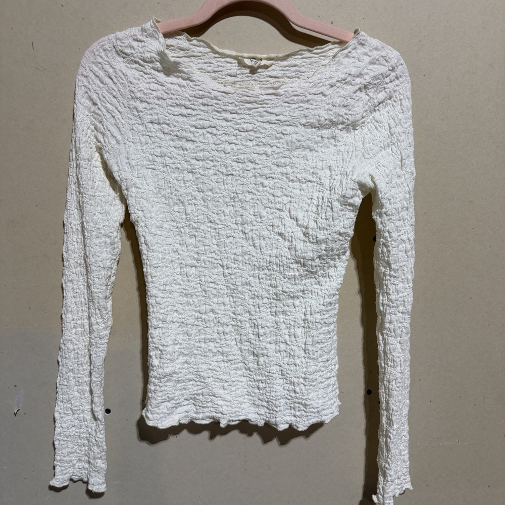 Easel Ivory Popcorn Textured Crinkle Long Sleeve Top Blouse Small S